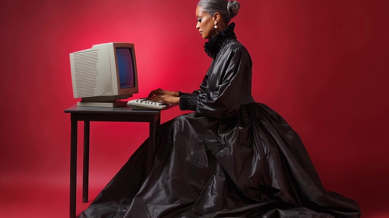 Elegant Woman in Black Gown Typing on Vintage Computer