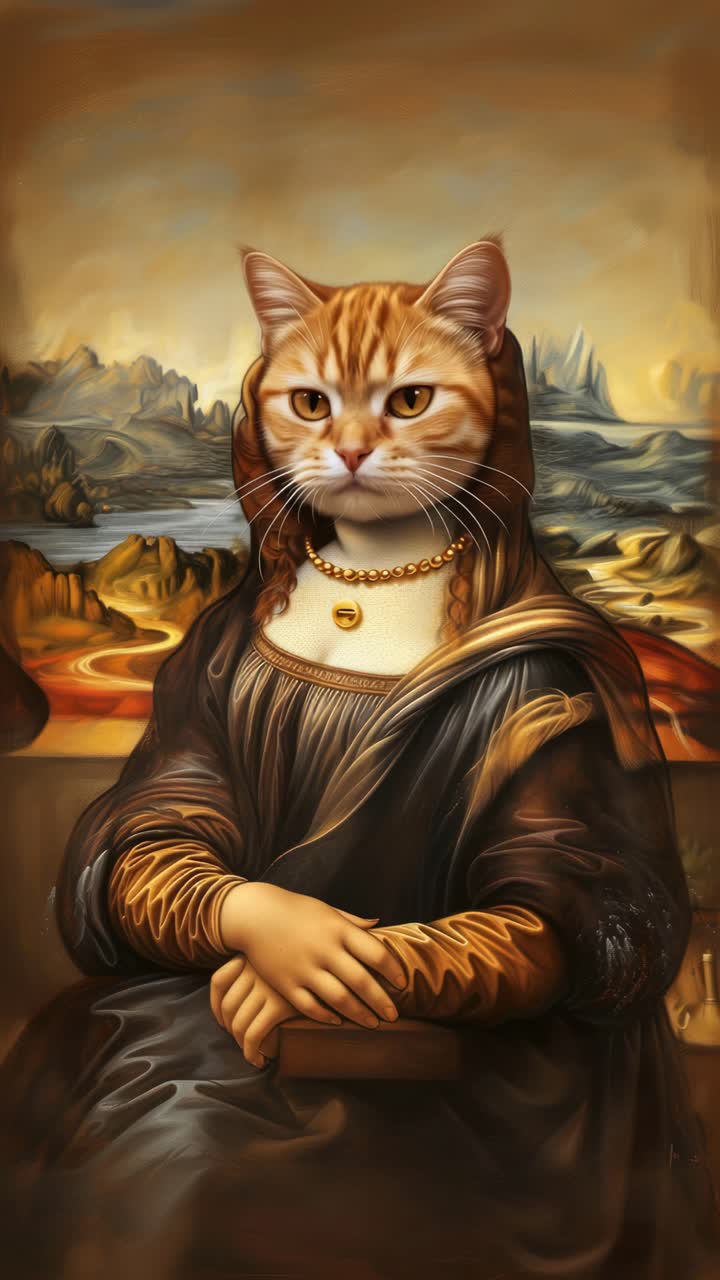 A whimsical video concept featuring a cat with a Mona Lisa-style portrait
