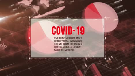 animation of covid-19 text over data processing and dna strand on black background