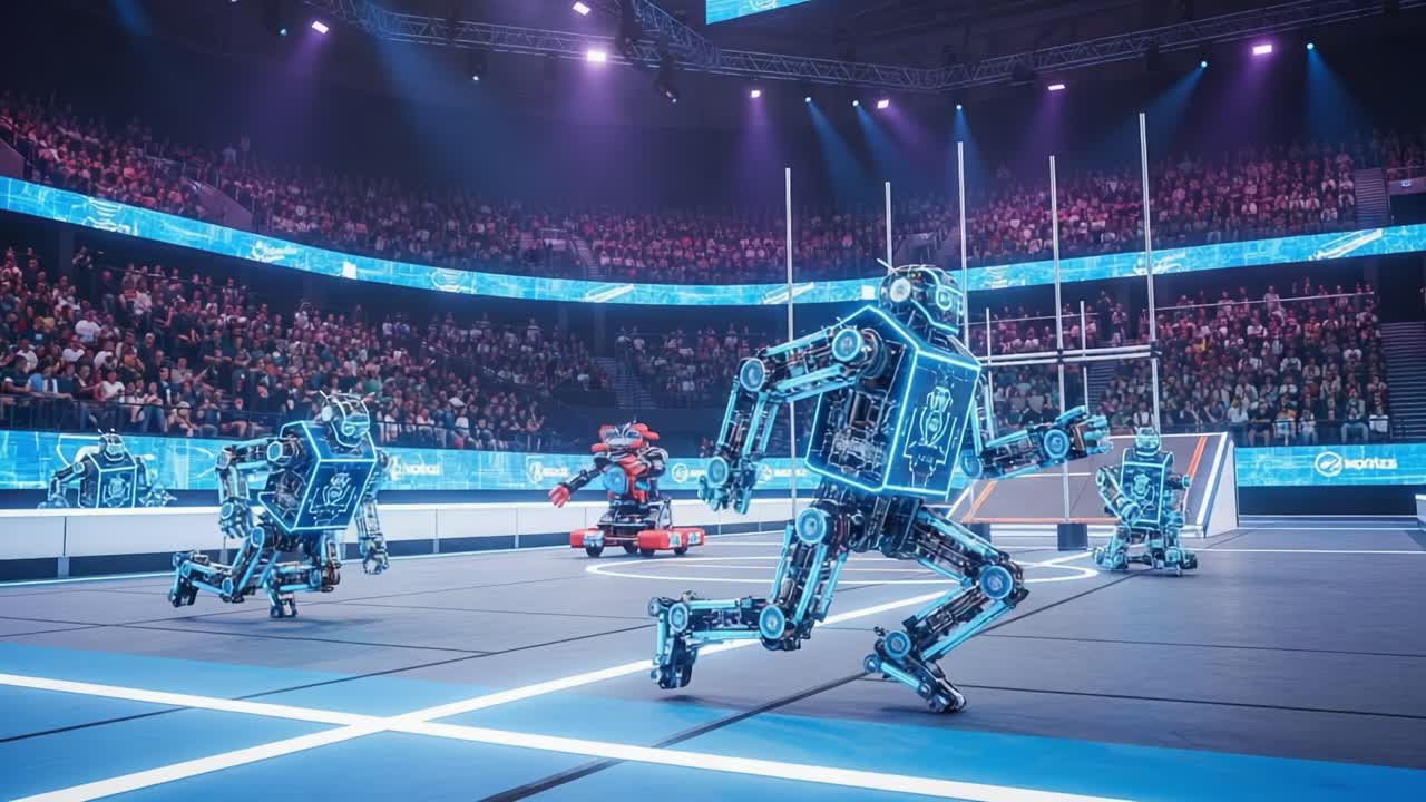 Innovative Robot Competition Unfolds in a High-Tech Arena Filled with Enthusiastic Spectators, Showcasing Advanced Robotics Engaged in a Futuristic Sports Challenge