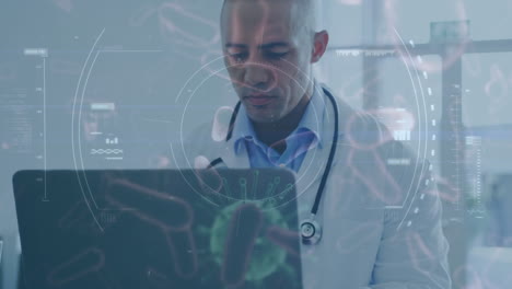 escaneo de alcance y células de covid-19 moviéndose contra el médico usando portátil
