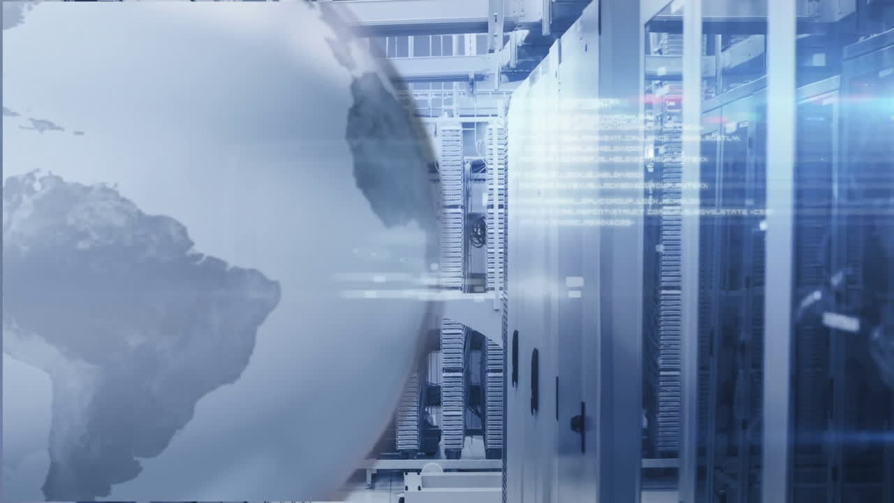 지구의 애니메이션과 컴퓨터 서버를 통해 디지털 데이터 처리