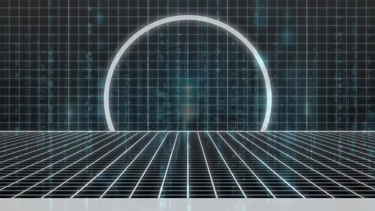 animación de formas geométricas de neón brillantes y paisajes sobre un fondo oscuro.