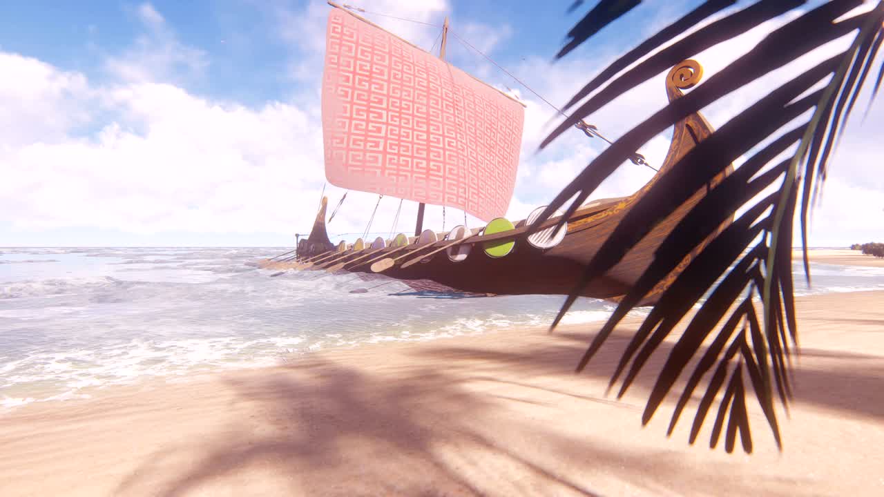 A Viking warship stands on the beach of an uninhabited tropical island. Concept on the theme of the Vikings and the early middle ages. Looping animation.