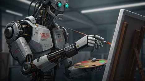 a robotic artist passionately painting on canvas, showcasing creativity and technology in harmony, blending artistry with futuristic innovation in a modern studio setting