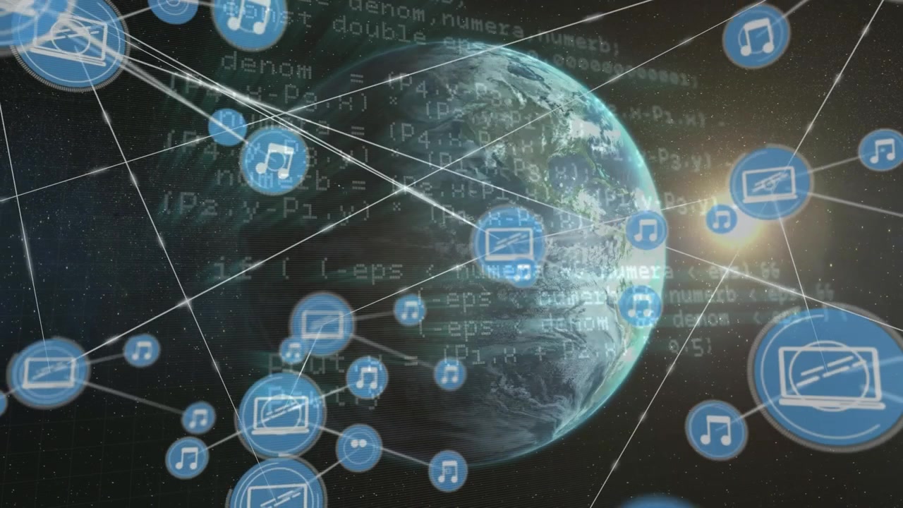 Animation of network of connections with icons over globe and data processing on black background