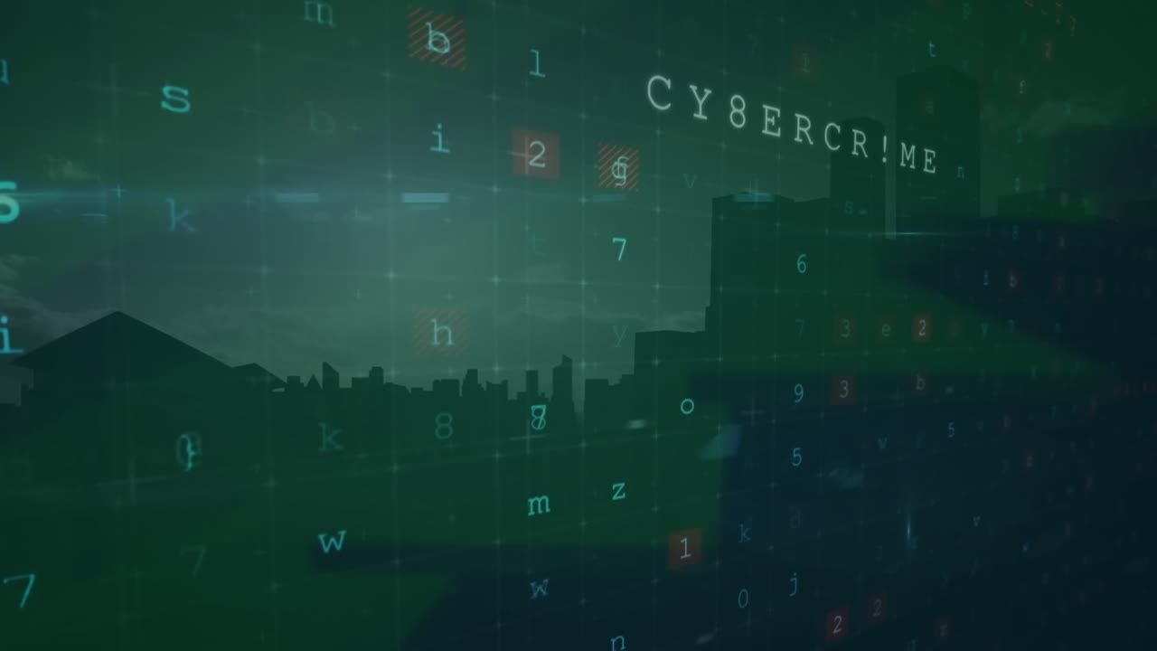 Animazione di elaborazione dati di cybersicurezza su vista aerea di un paesaggio urbano