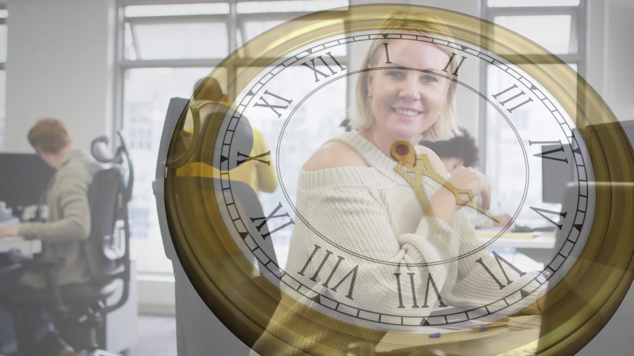 Animation of retro ticking clock against portrait of caucasian woman smiling while working at office