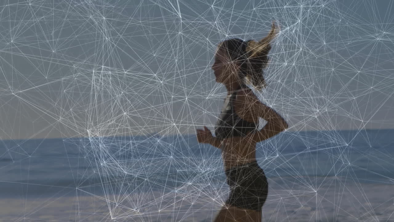 Jogging on beach, person with network connections animation overlaying scene