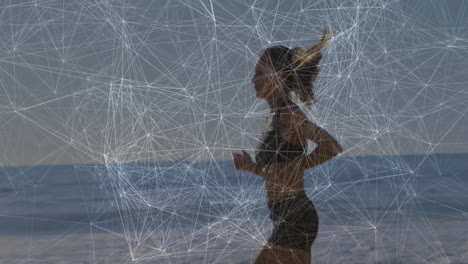 jogging on beach, person with network connections animation overlaying scene