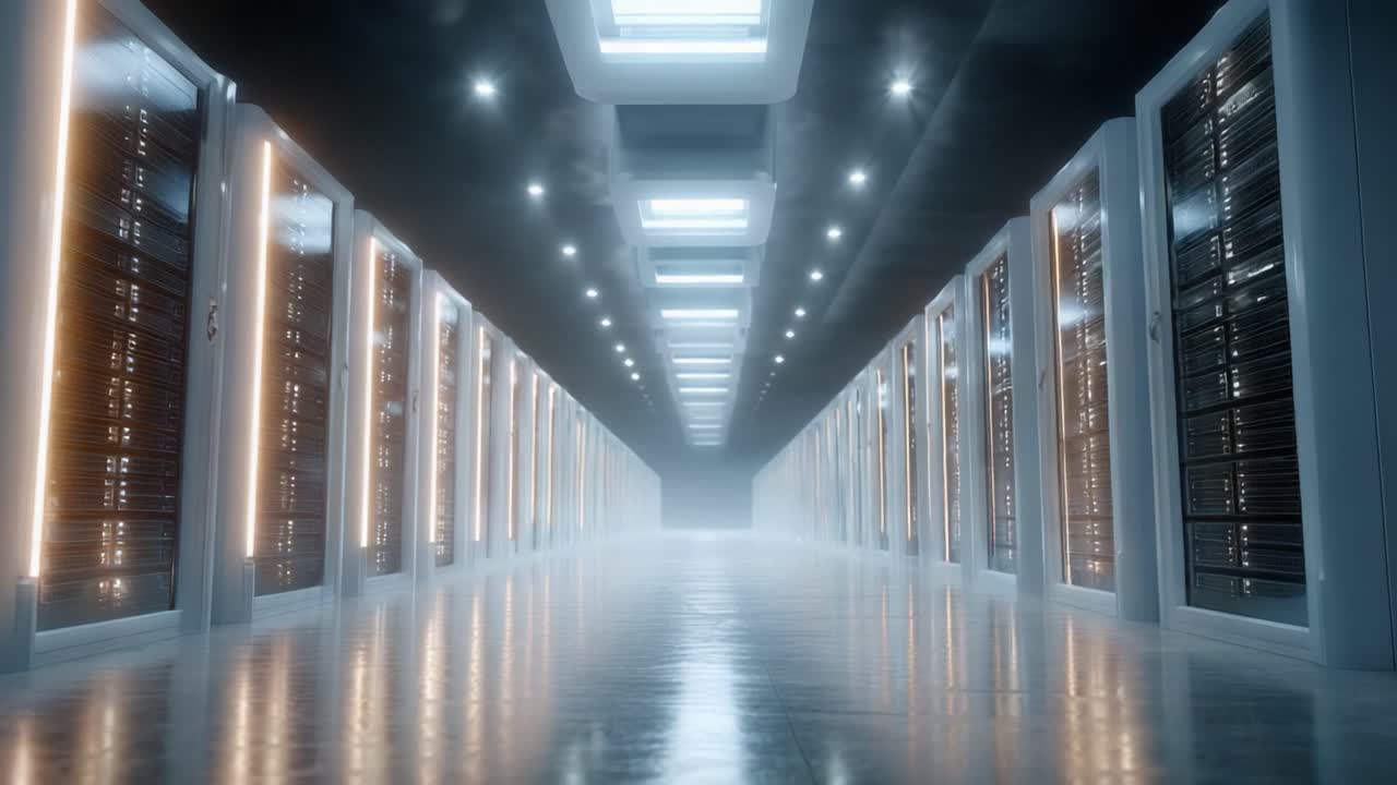 A Modern Data Center Interior Featuring Rows of Server Racks Illuminated by Bright LED Lights and a Futuristic Aesthetic for High-Tech Storage Solutions