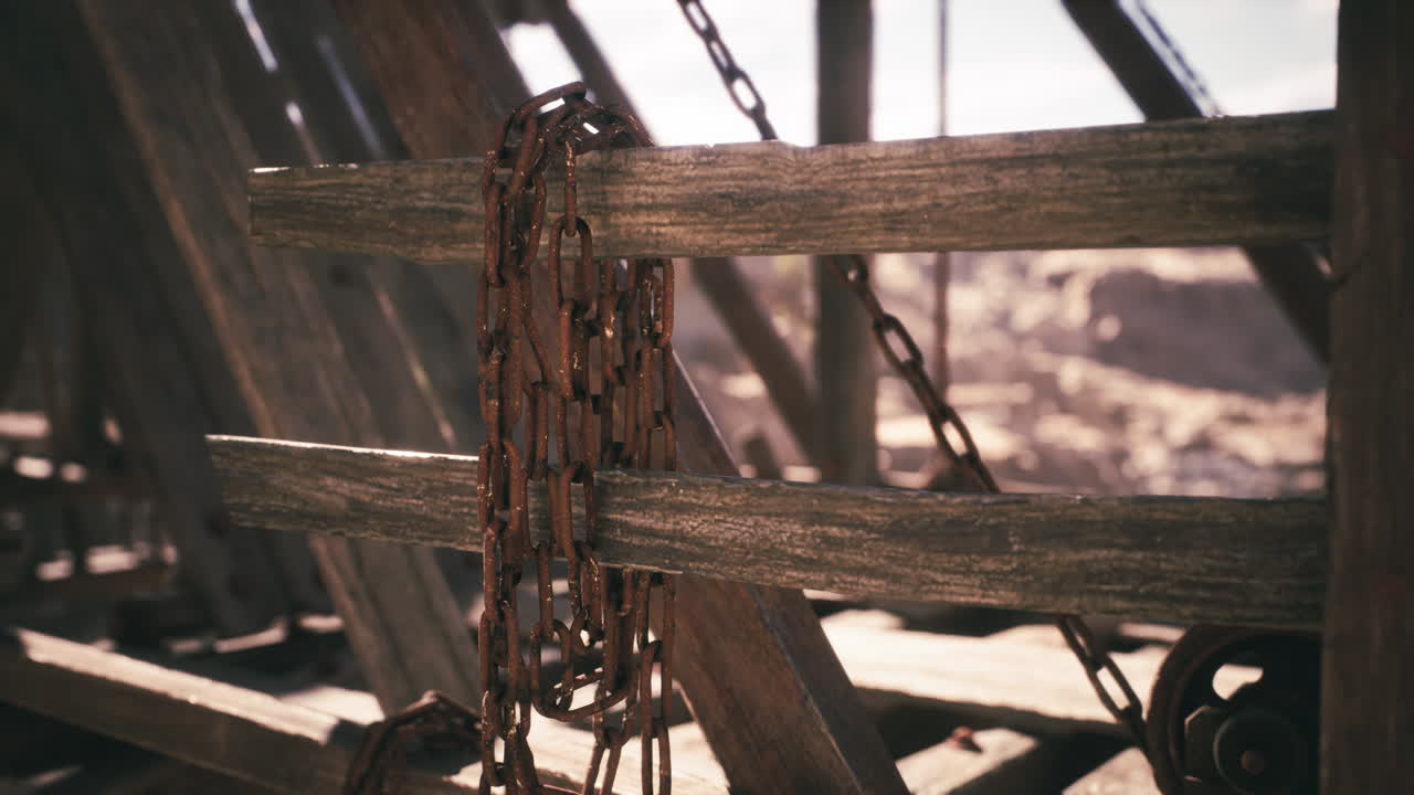 Rusted chains hanging on weathered wooden beams in an abandoned structure