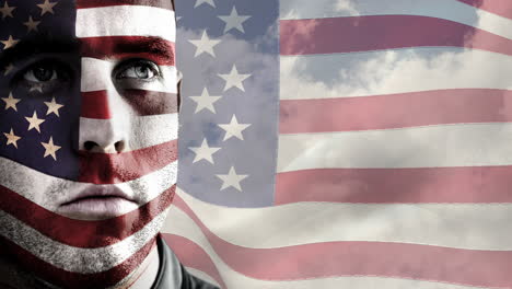 animation of caucasian male soldier with american flag painted on his face over american flag