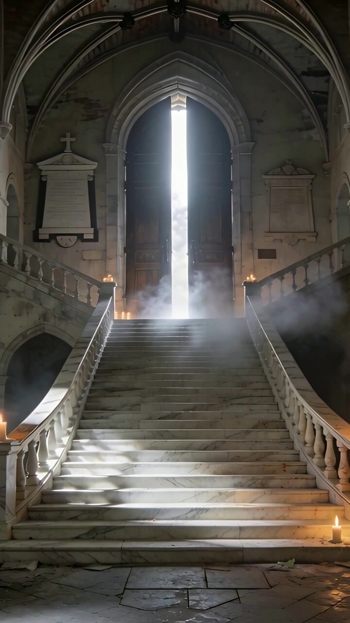 Vídeo vertical: Luz do dia entrando por uma porta entreaberta, degraus de mármore guiando a névoa para baixo com velas.