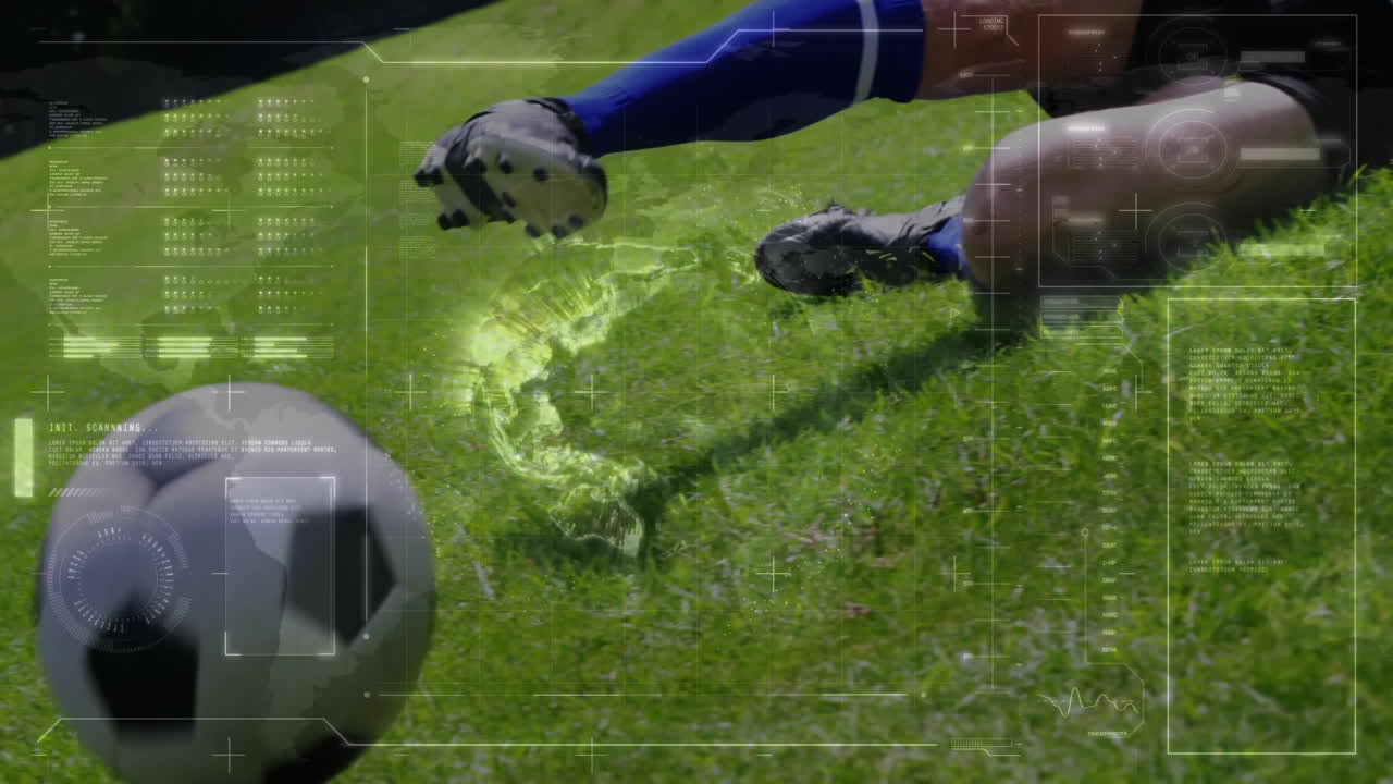 Soccer player tackling ball on grass with data processing animation overlay
