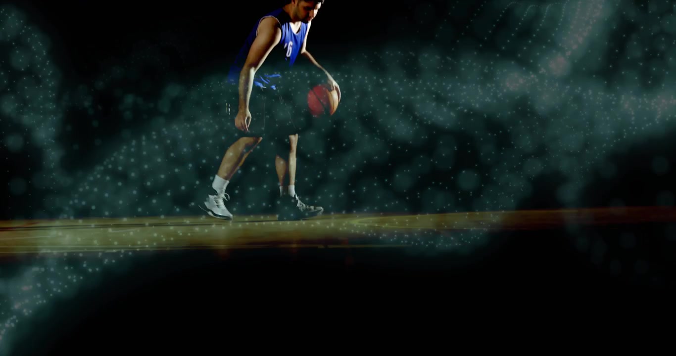 Player dribbling crossover upon camera reveal, training sports ball skills amid teal wave