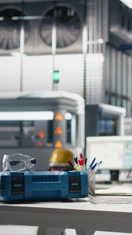 vertical video empty modern photovoltaics factory desk with safety gear and tools