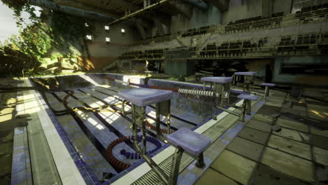 abandoned indoor swimming pool with sunlight and overgrown vegetation