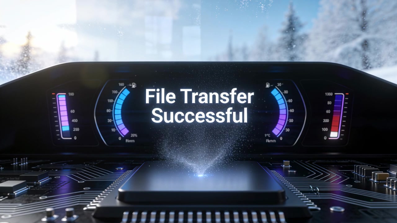 Emitting CPU chip sending rising beam at console after File Transfer Successful, forest visible