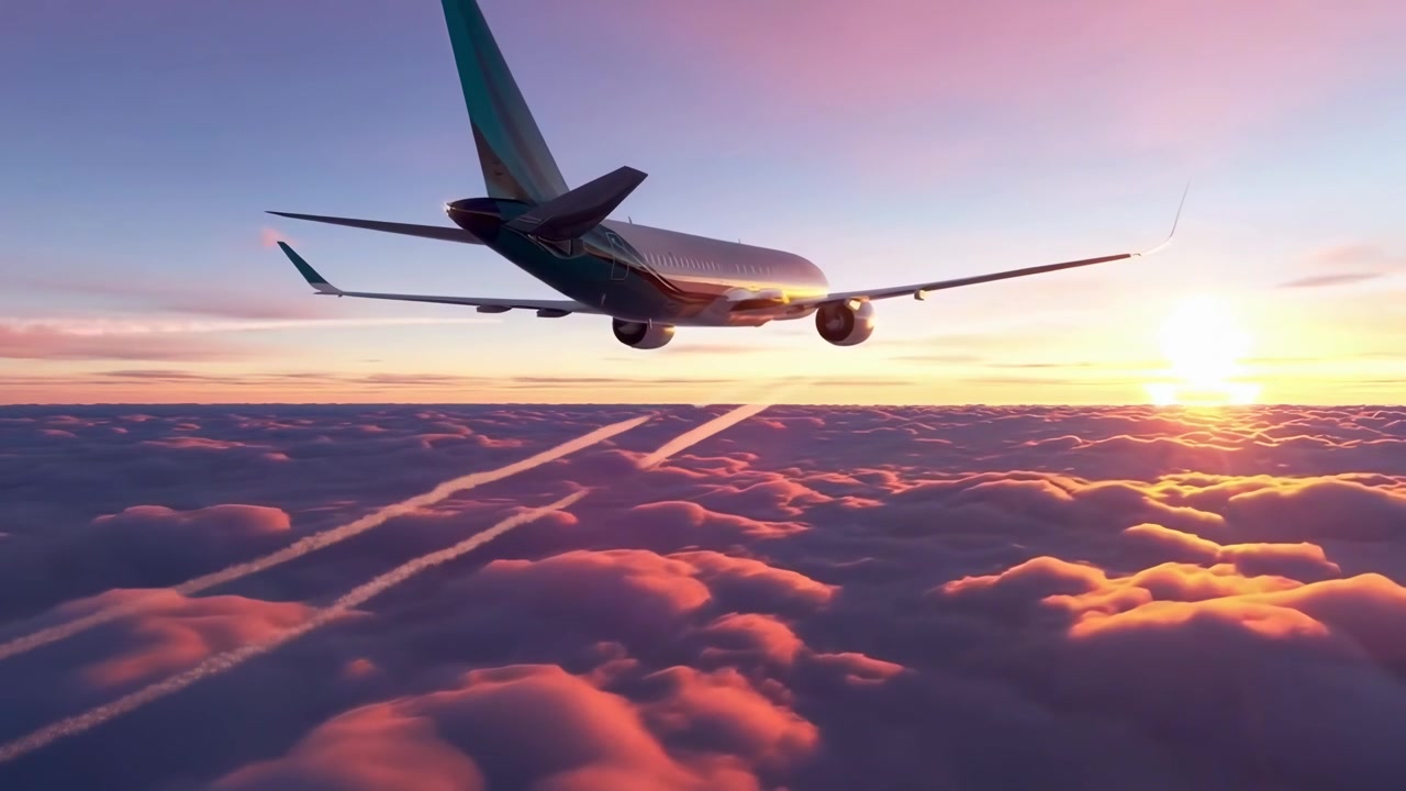 Majestic Airplane Soaring Above Clouds During Golden Sunset