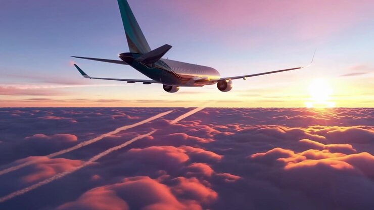 Majestic Airplane Soaring Above Clouds During Golden Sunset
