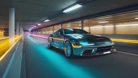 futuristic golden sports car speeding through a tunnel with light trails