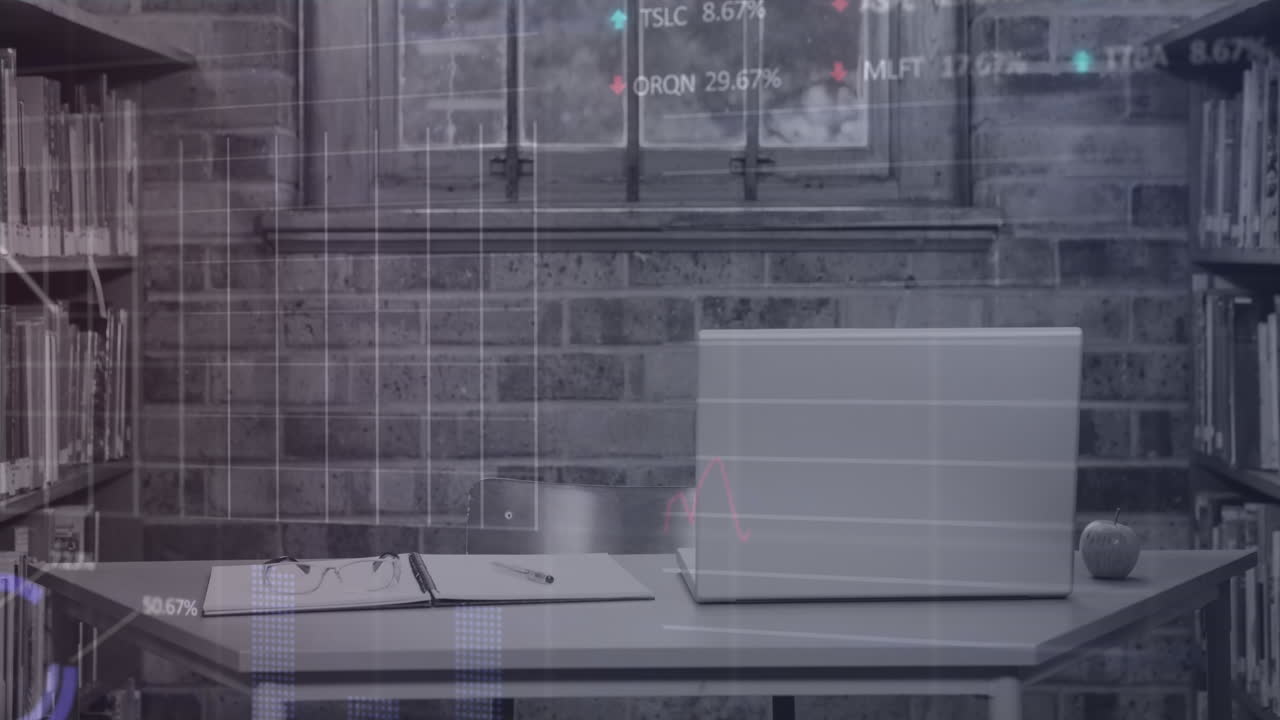 그래프, 거래 보드, 로딩 서클, 노트북, 빈 사무실의 책상에 있는 노트의 애니메이션