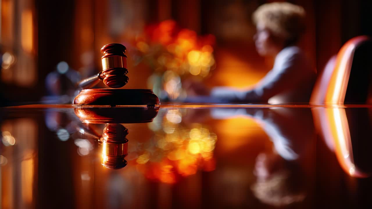 Elegante giustizia: primo piano di un martelletto su un tavolo lucido con illuminazione soffusa e superficie riflettente, che prepara la scena per la legge e l'ordine in un ambiente di tribunale
