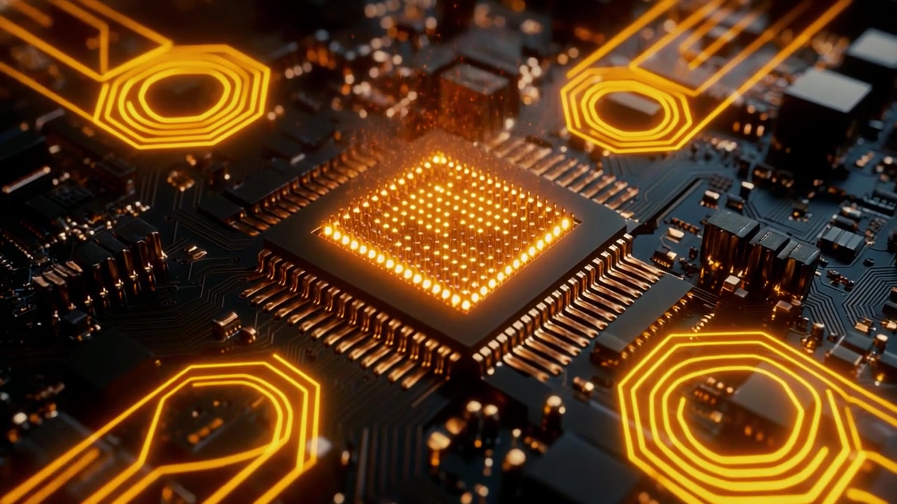 Glødende gylden mikrochip behandler data på printplade