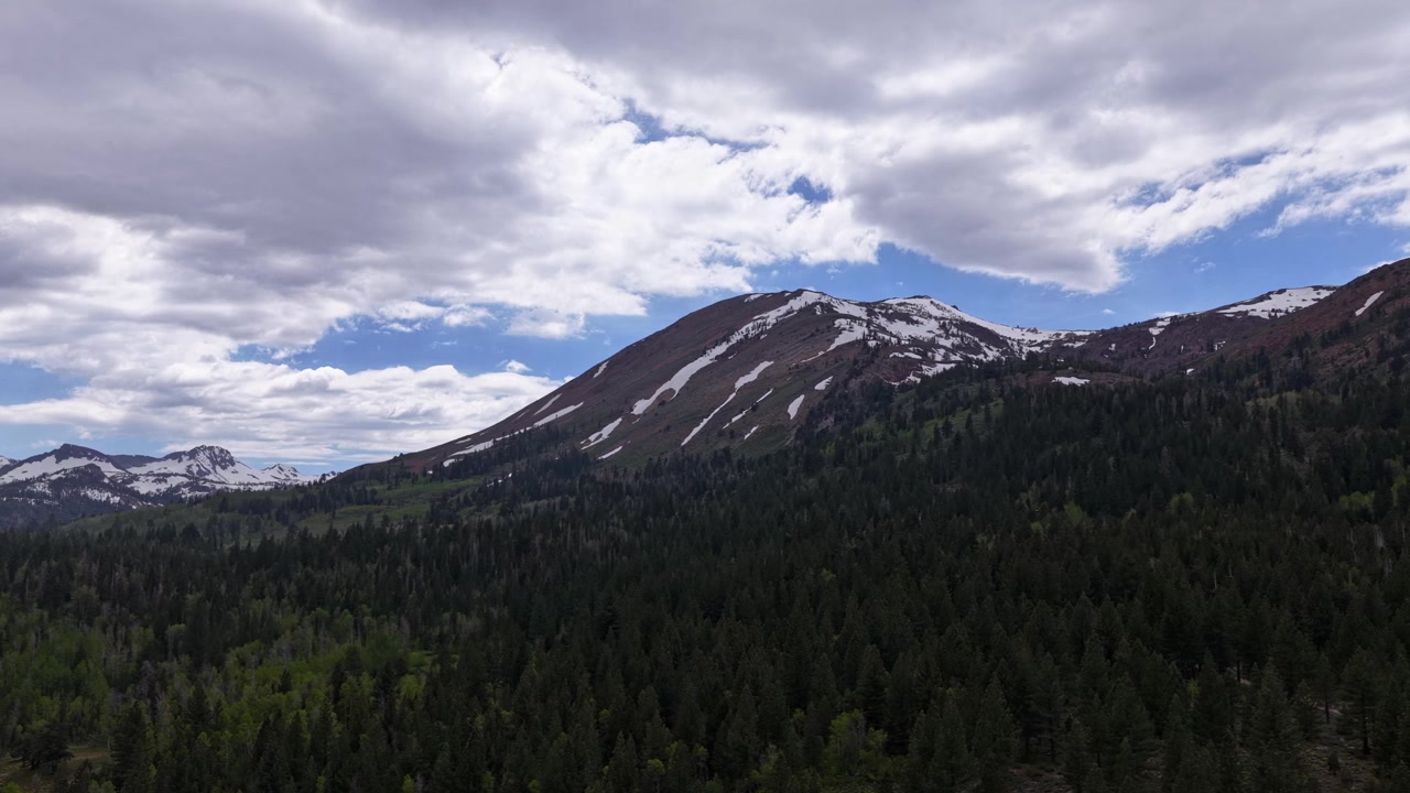 Filmato aereo con drone in volo in avanti sopra una vasta pineta verso montagne innevate nella Hope Valley, California, sotto un cielo nuvoloso drammatico che rivela squarci di azzurro.