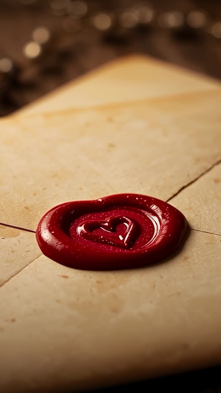 Video verticale: un sigillo in cera rossa si raffredda dopo essere stato impresso su una busta a un tavolo accogliente, con un cuore