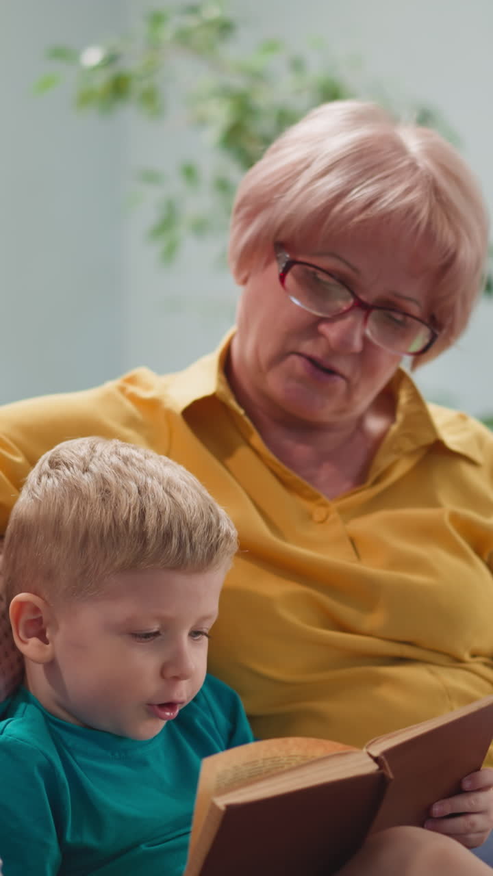 Little grandson tries to read book with loving grandma at home slow motion. Toddler boy enjoys interesting story with mature lady. Preparation for school