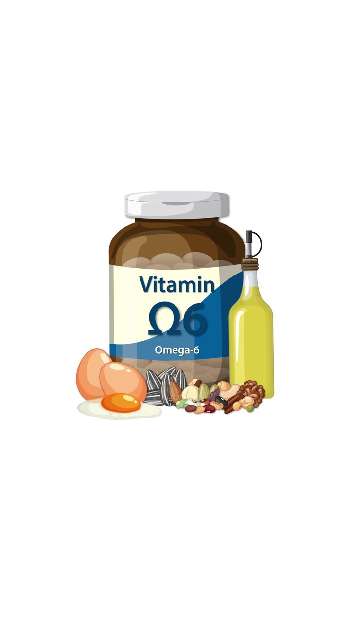 Una bottiglia di Vitamina Omega-6 appare con uova, olio, semi e noci su uno sfondo bianco.