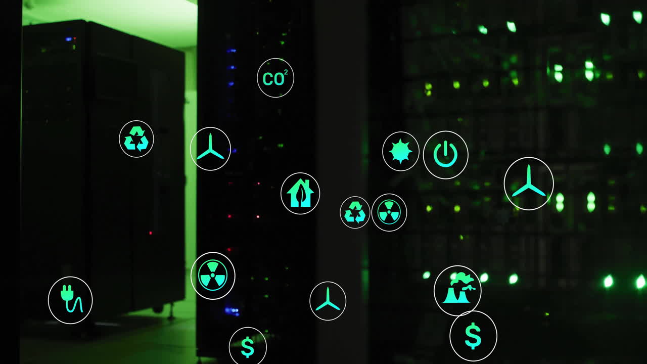 Animation of eco icons and digital data processing over computer servers