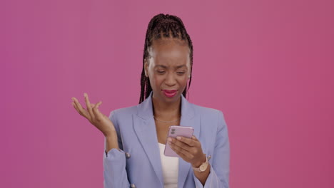 Confused,-text-message-and-phone-with-black-woman