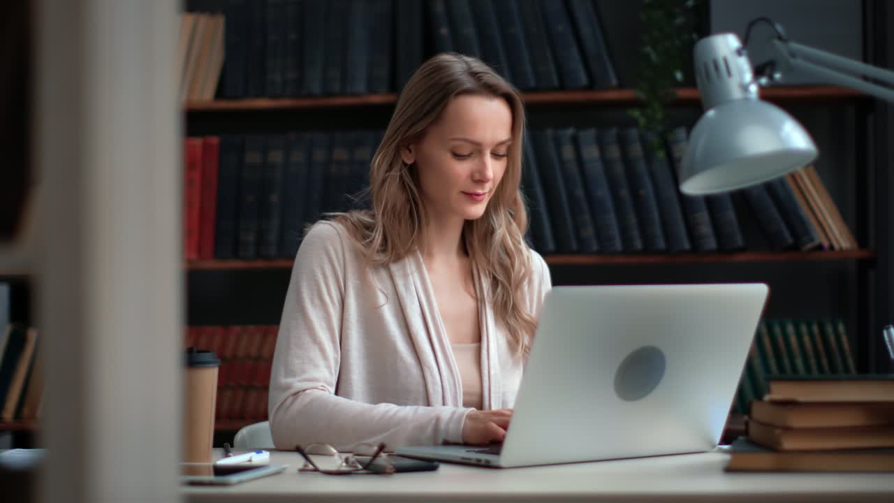 Smiling blonde business woman chatting working use laptop at library desk bookshelves interior