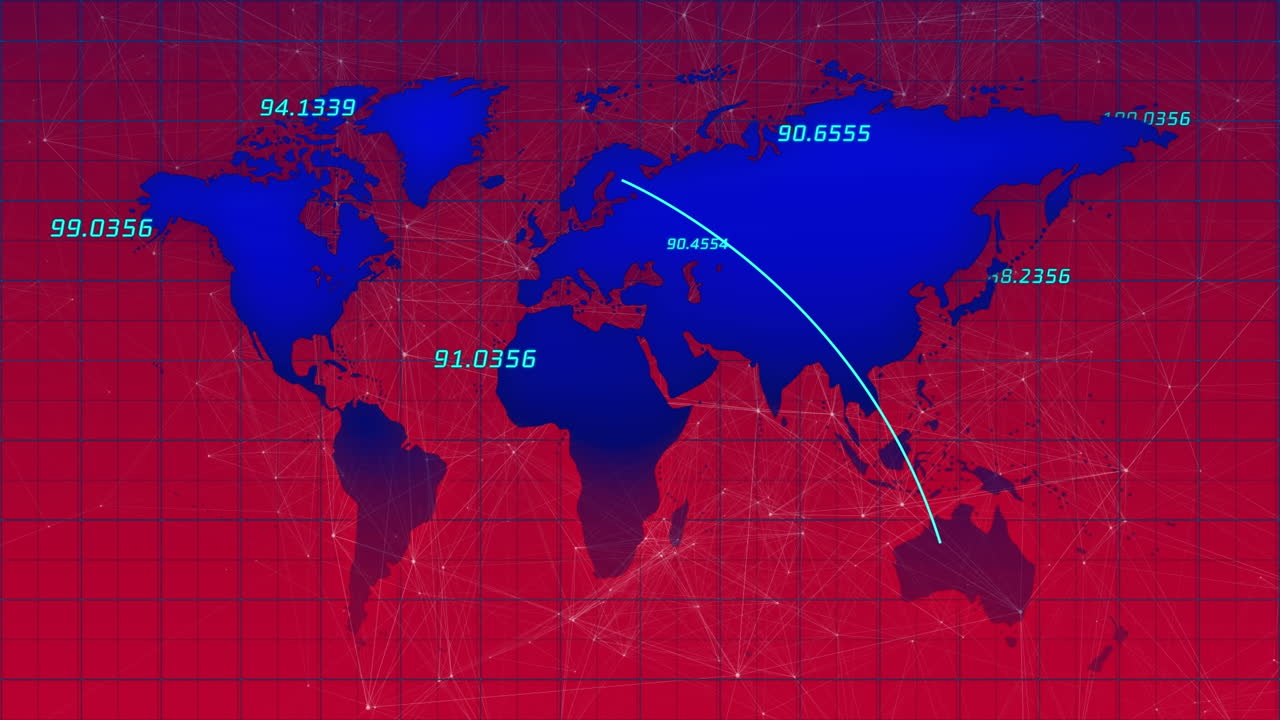 핑크색 배경에 대한 세계 지도에서 여러 번 변하는 번호와 연결 네트워크
