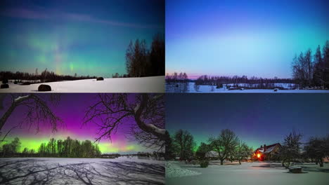 lapsos de tiempo de invierno en pantalla dividida con estrellas y auroras boreales