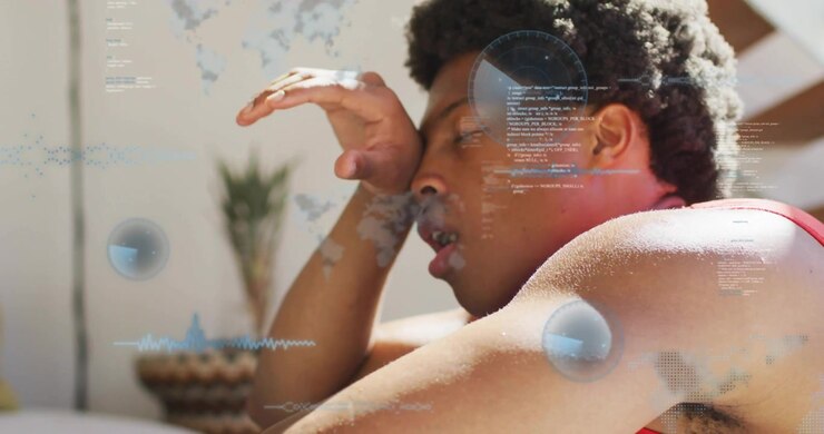 Man lifting head and breathing, activating tech interface with holographic waveforms exploring data