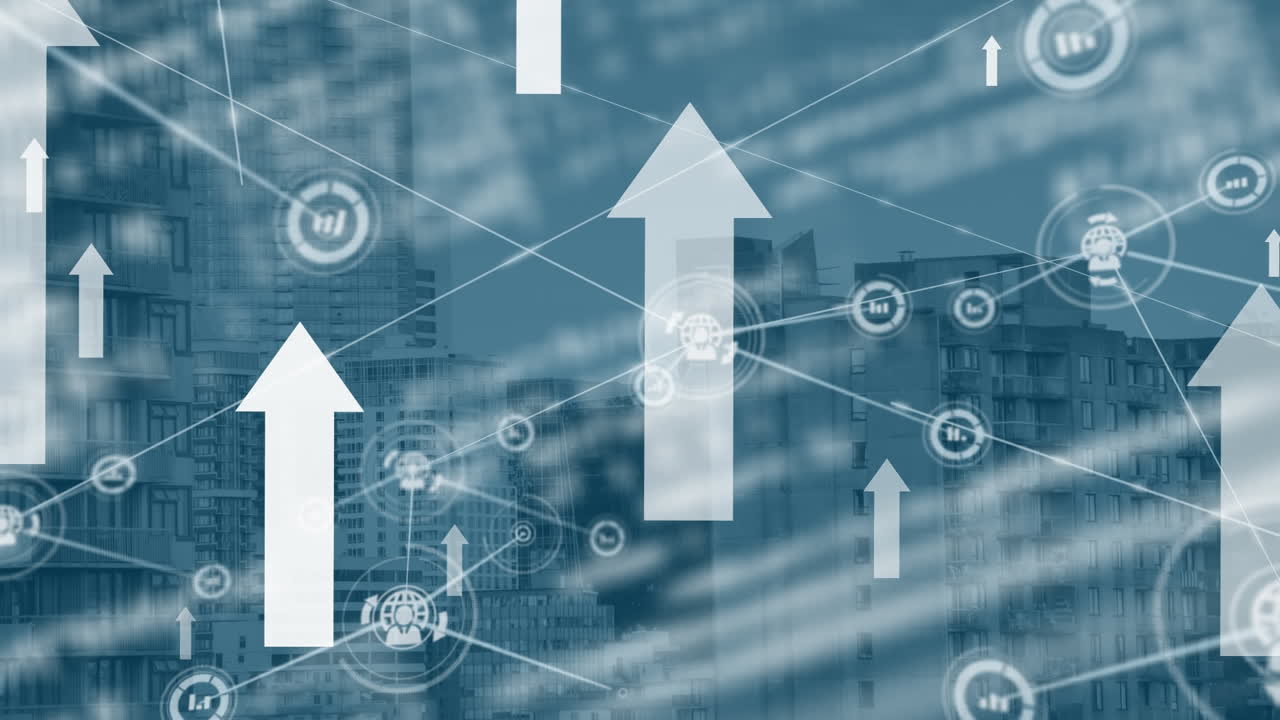 animación de la red de conexiones con iconos sobre el paisaje urbano