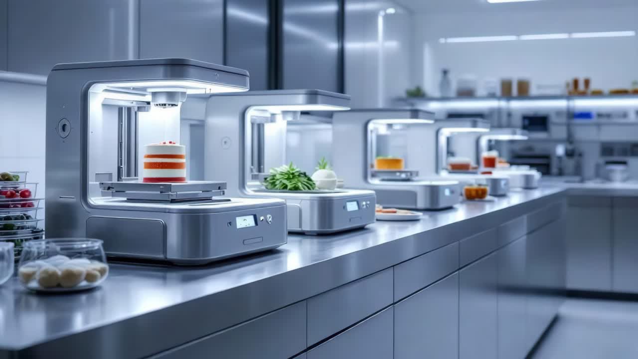 Professional kitchen featuring 3D food printers producing customized culinary creations with cutting edge technology
