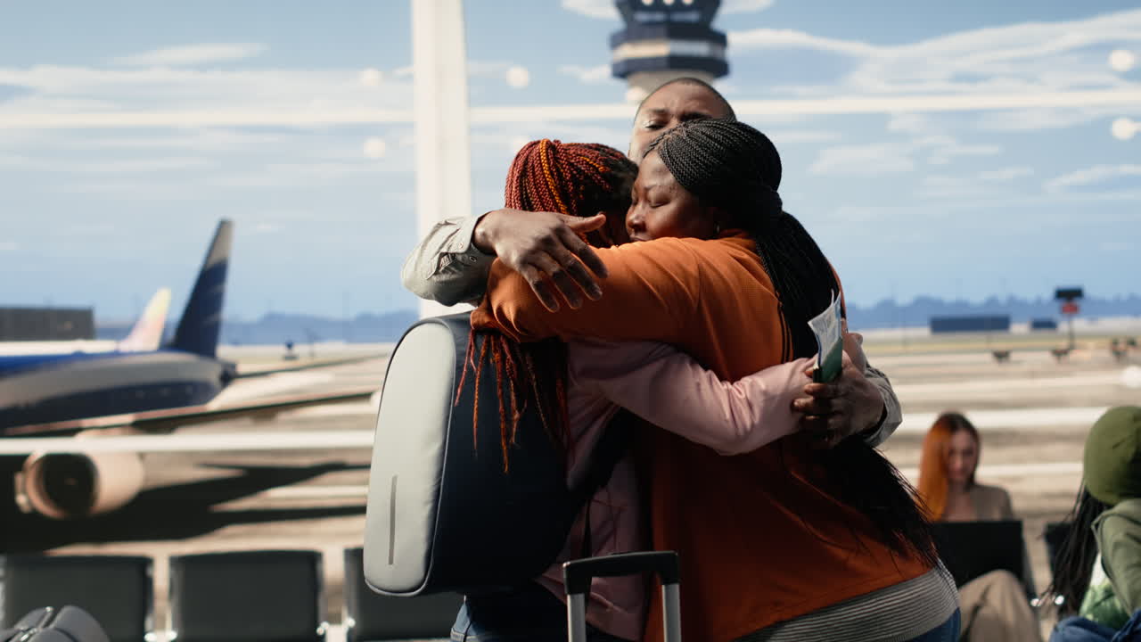 Heartfelt airport send-off with mother and father hugging girl before leaving