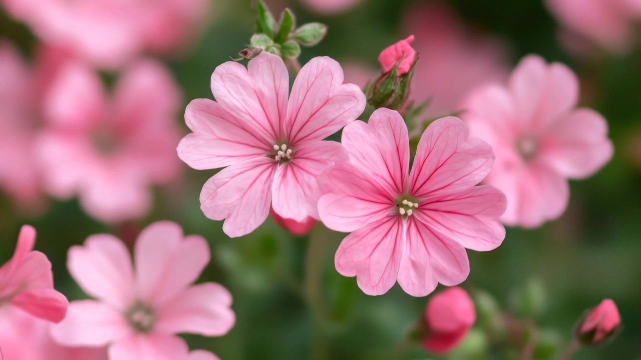 Primo piano di delicati fiori rosa che sbocciano in un giardino