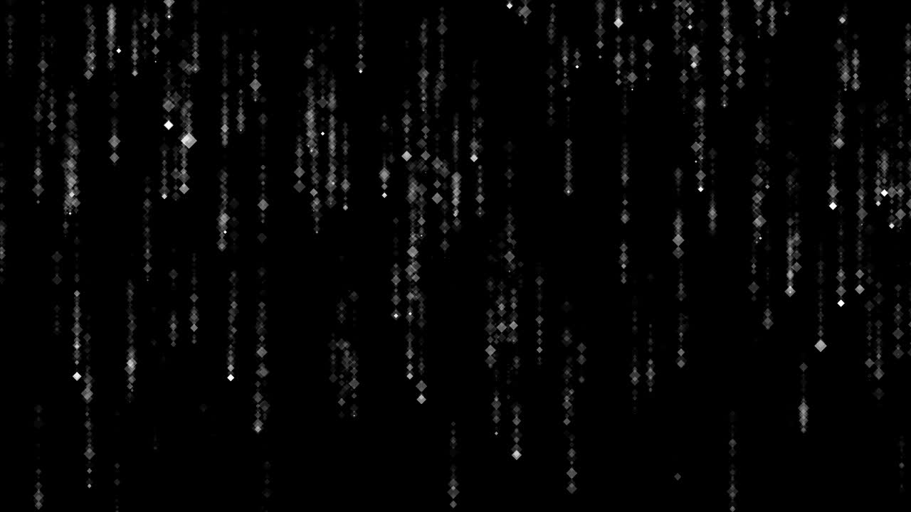 Abstract background. Motion Graphic of Twinkling, glittering, white, rhombus shape particles falling down with matrix effect on black background