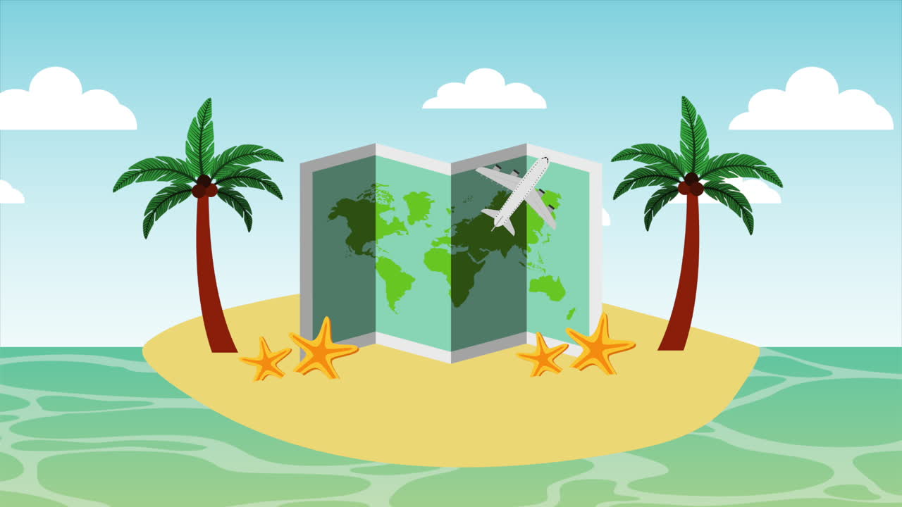 paisaje marítimo de playa con animación de mapa de papel