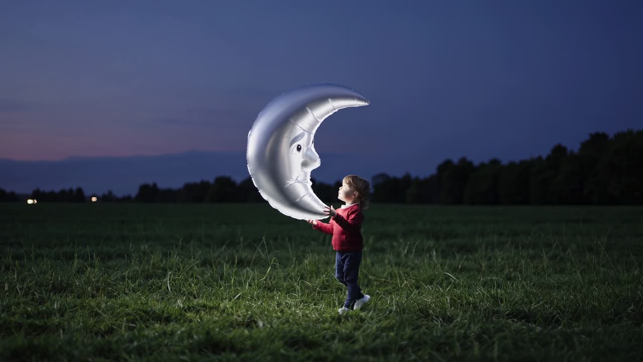 Child with Moon Balloon in a Field at Night