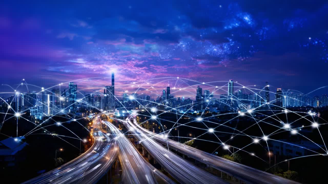 A Stunning Nighttime Cityscape Capturing the Vibrant Essence of Urban Life, Interconnectedness, and Technology with a Starry Sky Overhead and Illuminated Roads Winding Through the Metropolis