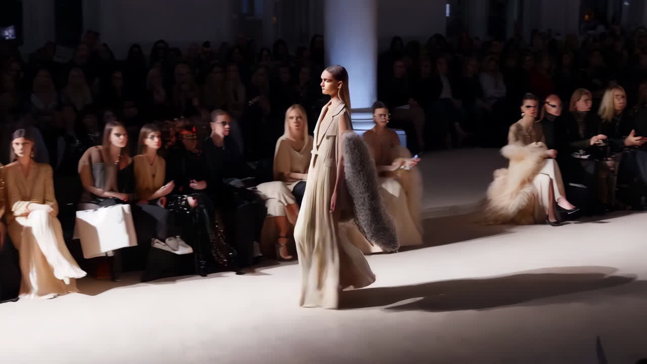 Modeshow med beige kjoler og pelsaccessories