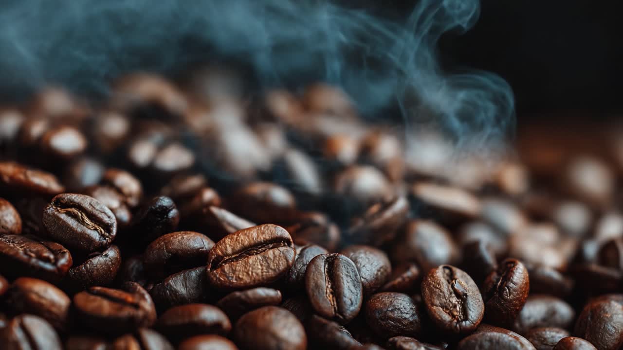 Et fængslende nærbillede af friskristede kaffebønner, der afgiver aromatisk damp og viser deres uimodståelige tekstur og rige brune farve