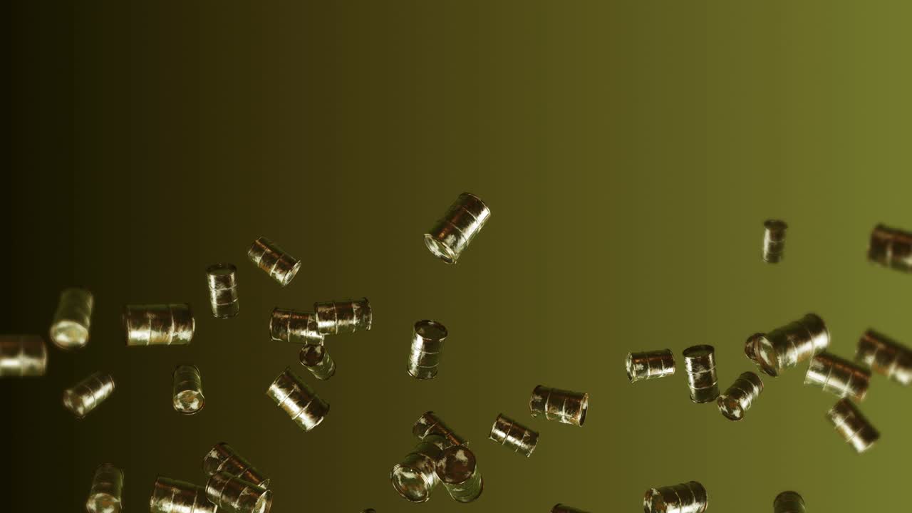 volando muchos tambores de combustible viejos en fondo marrón. industria química, barriles de metal. animación 3d del tanque de petróleo girando. animación de bucle.
